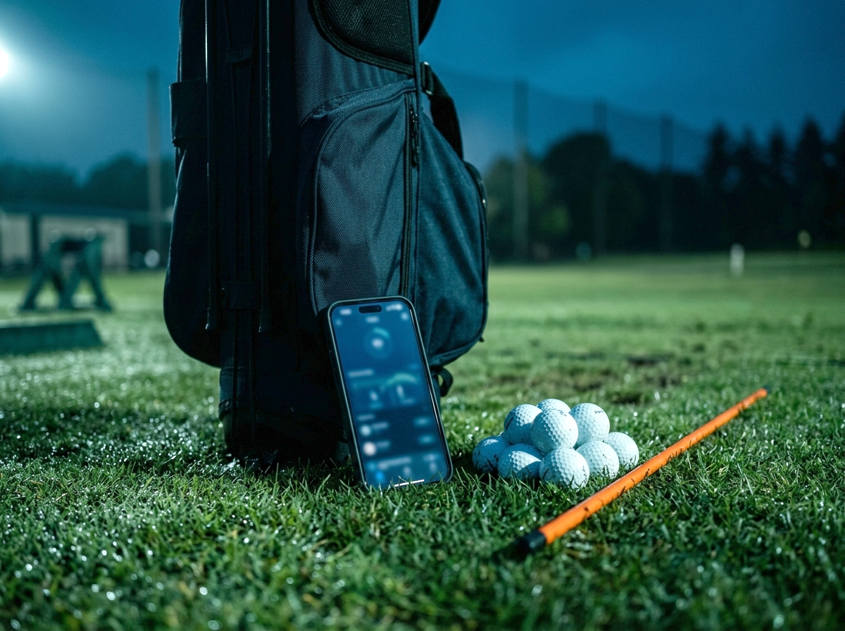 Phone propped against a golf bag tracking the session