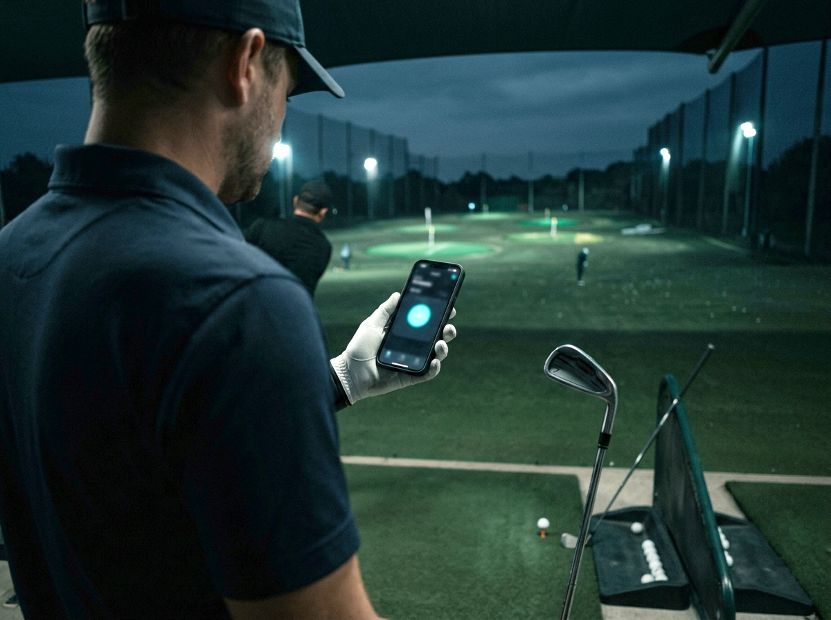 Golfer at the range checking the ASCND session on his phone
